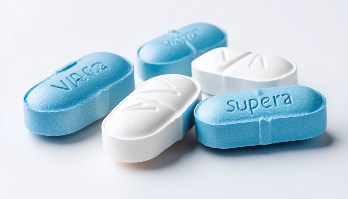 Blister pack of Viagra Super Active capsules next to a glass of water on a bedside table